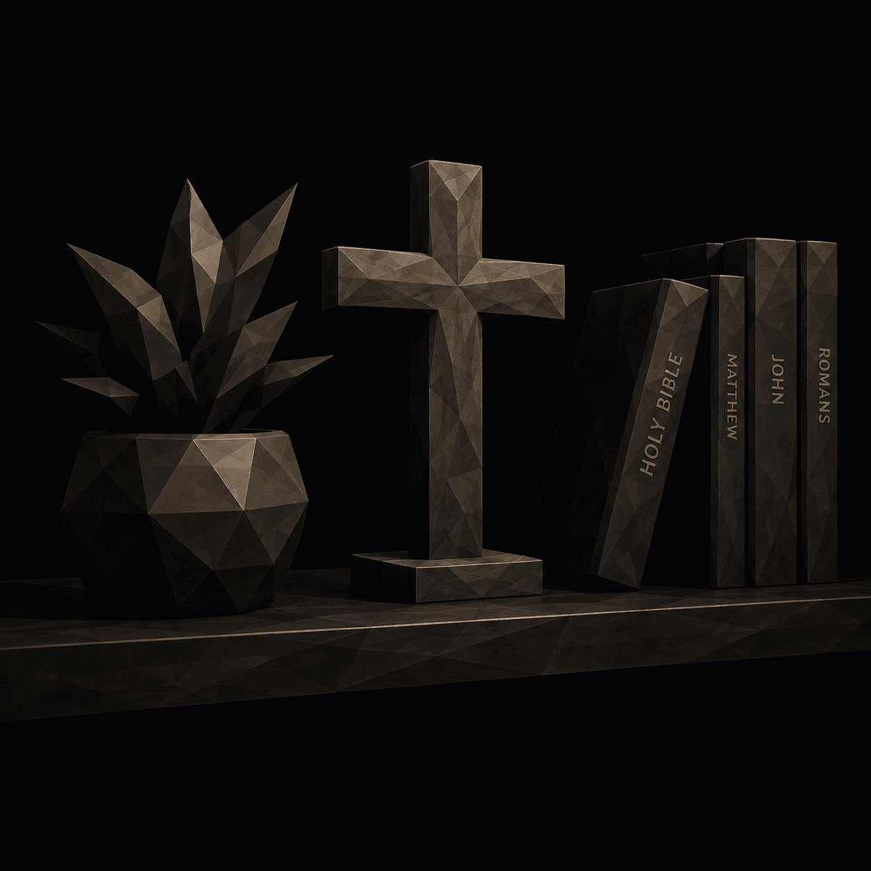 Holzkreuz auf einem Bücherregal
